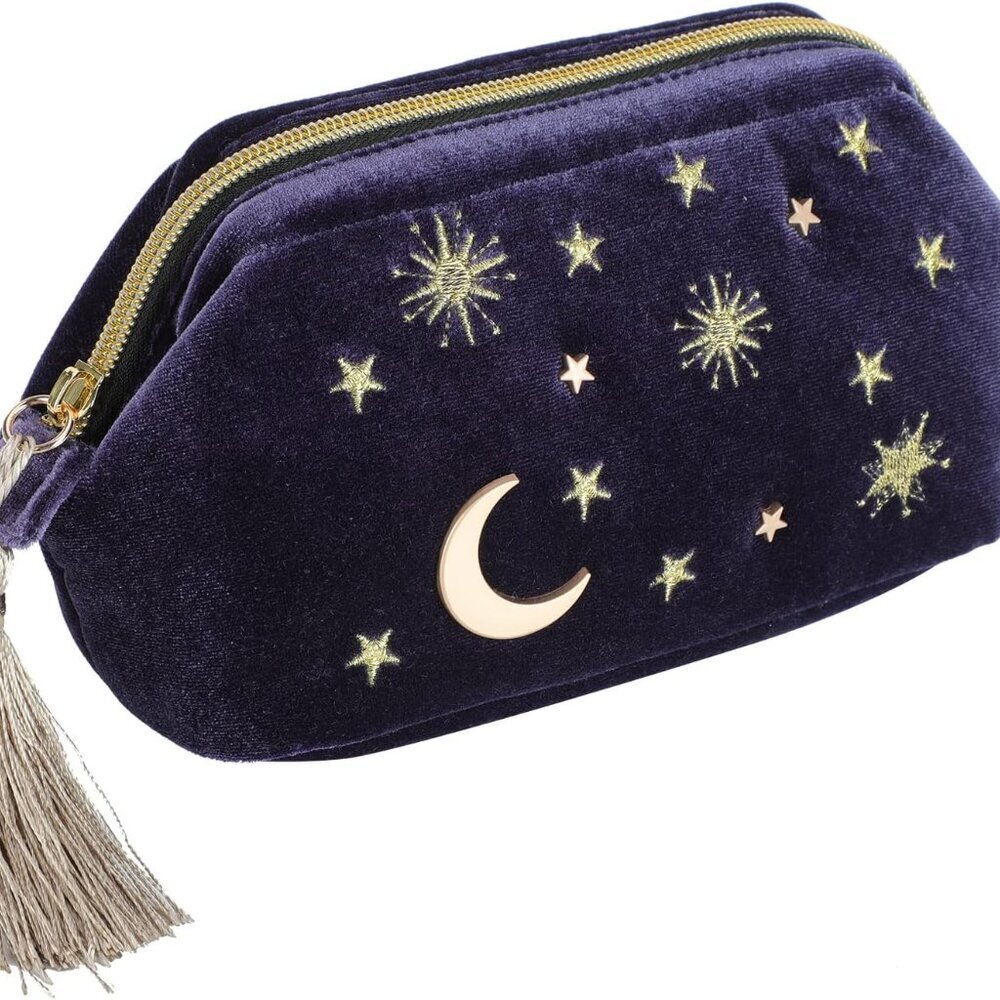 Handy cosmetic makeup bag,Navy Velvet Embroidered Applique Moon Stars Cosmetic B